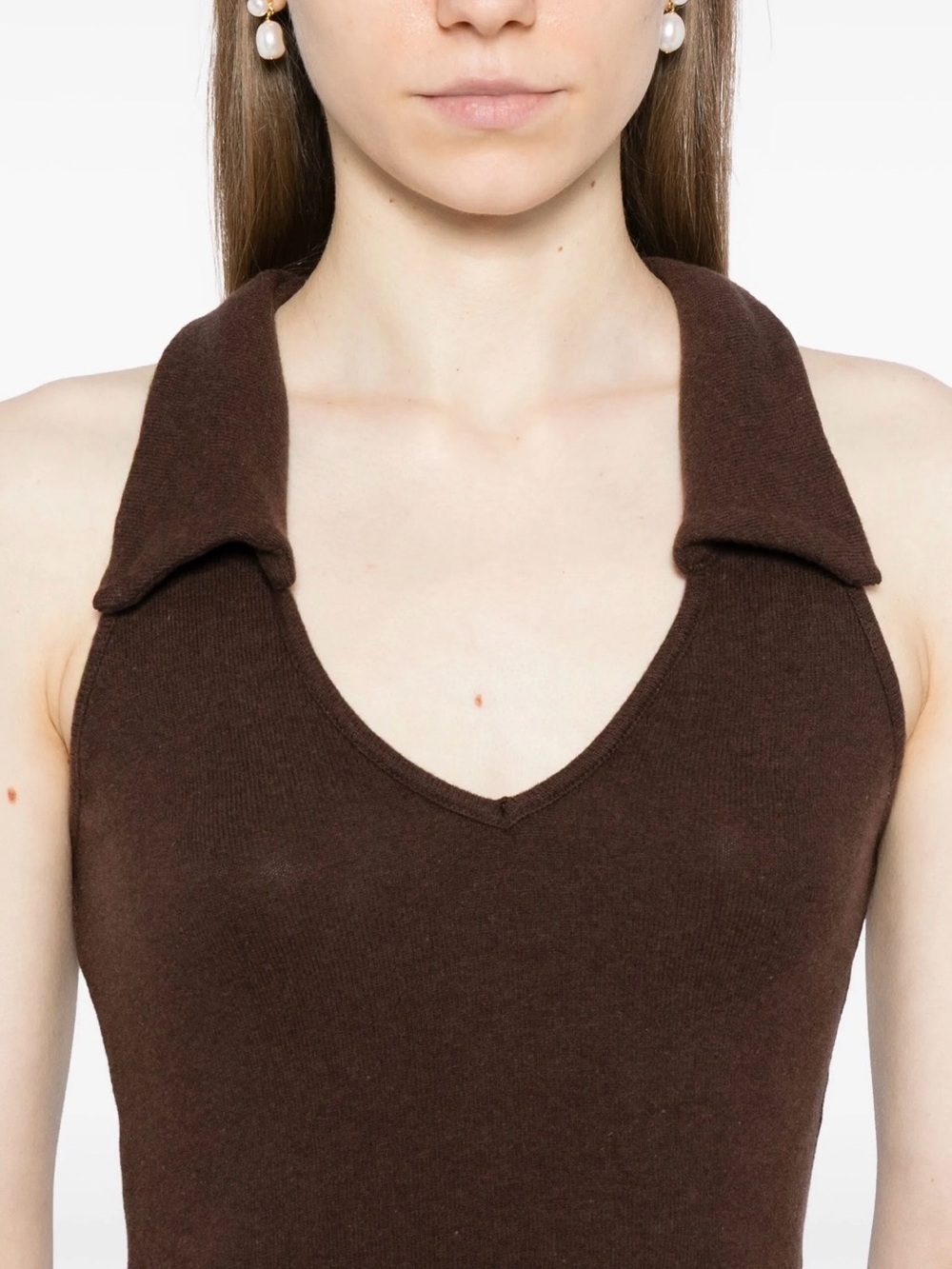 Reformation Dark Brown Sleeveless V-Neck Collared Knit Top - Picture 4 of 8